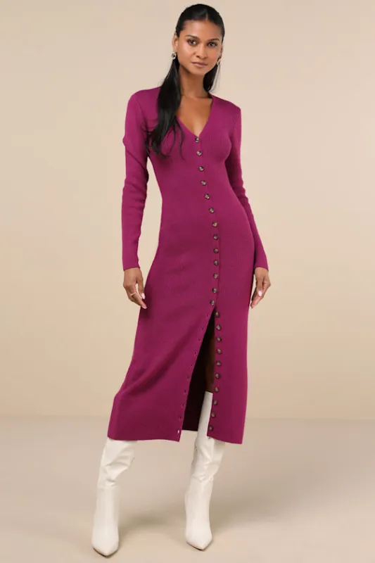 Cold Weather Crush Purple Button-Up Sweater Midi Dress sold by Lulus