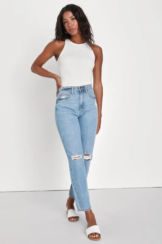 Latest Trend Light Wash High-Rise Distress Straight Jeans sold by Lulus