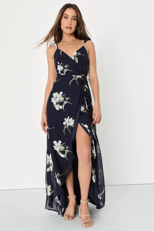 All Mine Navy Blue Floral Print High-Low Wrap Dress sold by Lulus