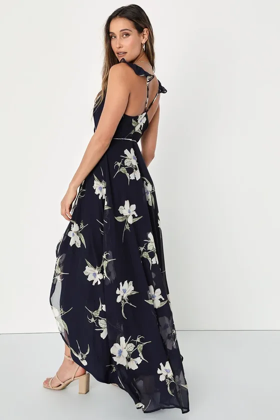 All Mine Navy Blue Floral Print High-Low Wrap Dress sold by Lulus product image thumbnail 2