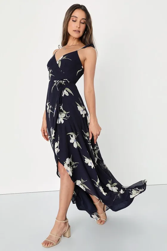 All Mine Navy Blue Floral Print High-Low Wrap Dress sold by Lulus product image thumbnail 3