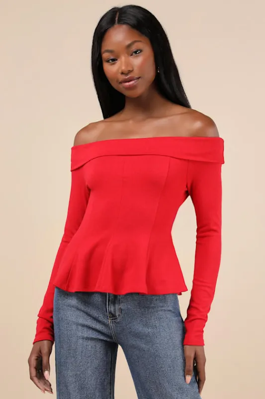 Flattering Pick Red Off-the-Shoulder Long Sleeve Top sold by Lulus
