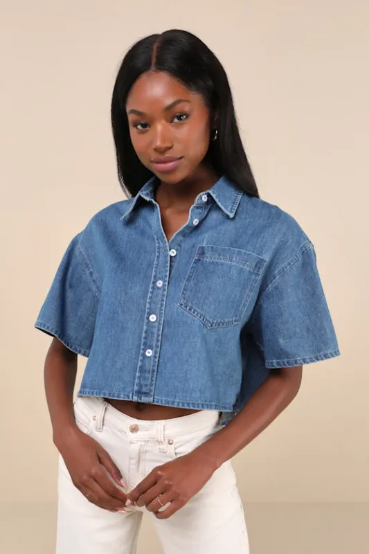 Ensured Cuteness Medium Wash Denim Button-Up Collared Top sold by Lulus