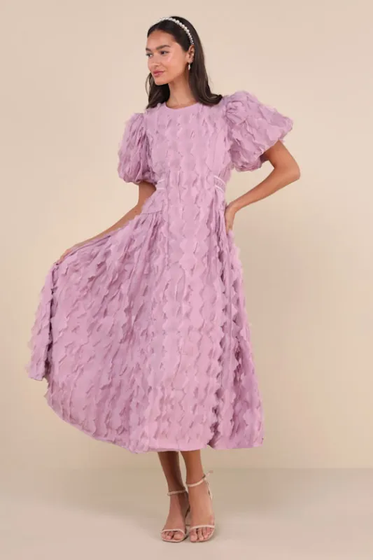 Roundup Lilac Ruffle-Textured Puff Sleeve Midi Dress sold by Lulus