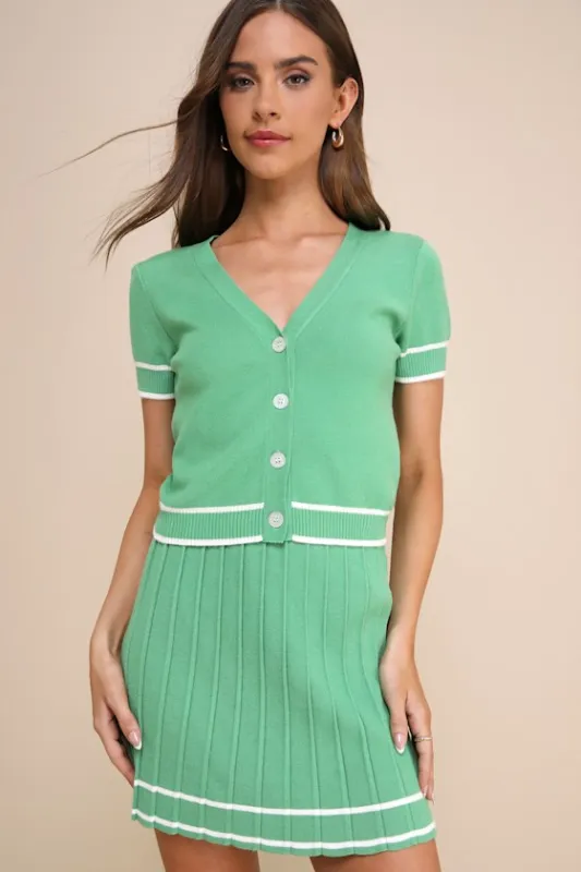 Marvelously Chic Green Knit Pleated High-Rise Mini Skirt sold by Lulus
