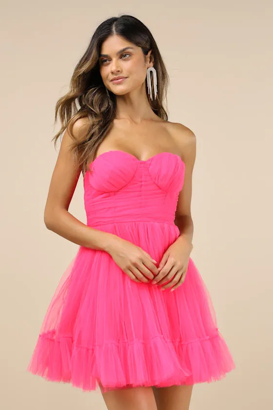 Lovely Flirtation Hot Pink Tulle Strapless Bustier Mini Dress sold by Lulus