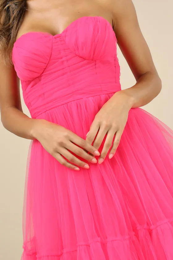 Lovely Flirtation Hot Pink Tulle Strapless Bustier Mini Dress sold by Lulus product image thumbnail 4