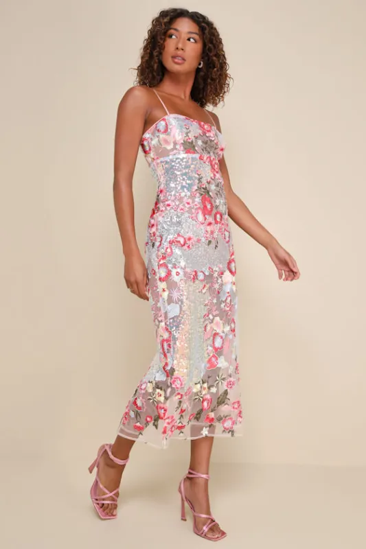 Stunning Impact Pink Sheer Embroidered Floral Sequin Midi Dress sold by Lulus
