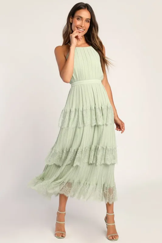 Came For Cocktails Sage Green Pleated Tiered Lace Maxi Dress sold by Lulus