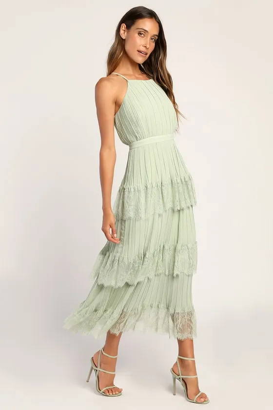 Came For Cocktails Sage Green Pleated Tiered Lace Maxi Dress sold by Lulus product image thumbnail 4