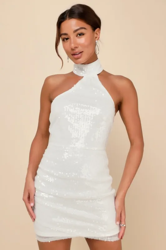 Sensational Purpose White Sequin Halter Tulip Mini Dress sold by Lulus