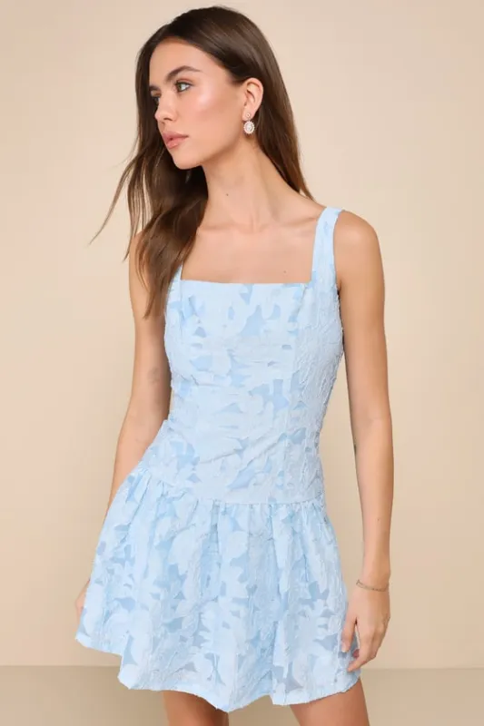 Exuberant Elegance Light Blue Jacquard Drop Waist Mini Dress sold by Lulus