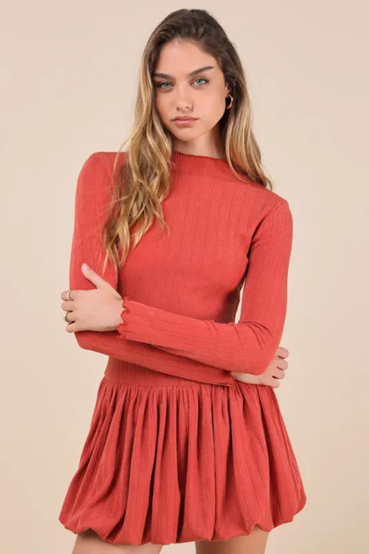 Approachably Adorable Rust Red Ribbed Bubble-Hem Mini Dress sold by Lulus