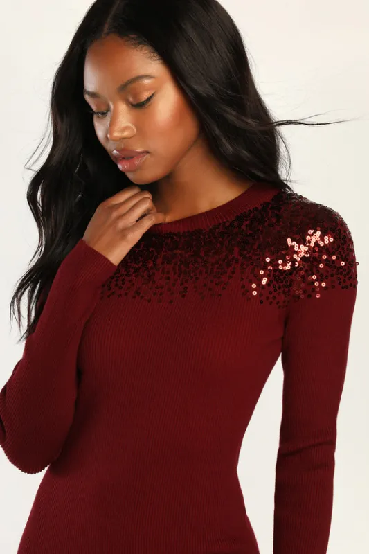 Snow Stopper Burgundy Ribbed Sequin Mini Sweater Dress sold by Lulus