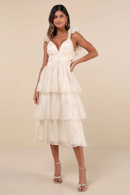 Whimsical Aura Champagne Embroidered Ruffled Lace-Up Maxi Dress sold by Lulus