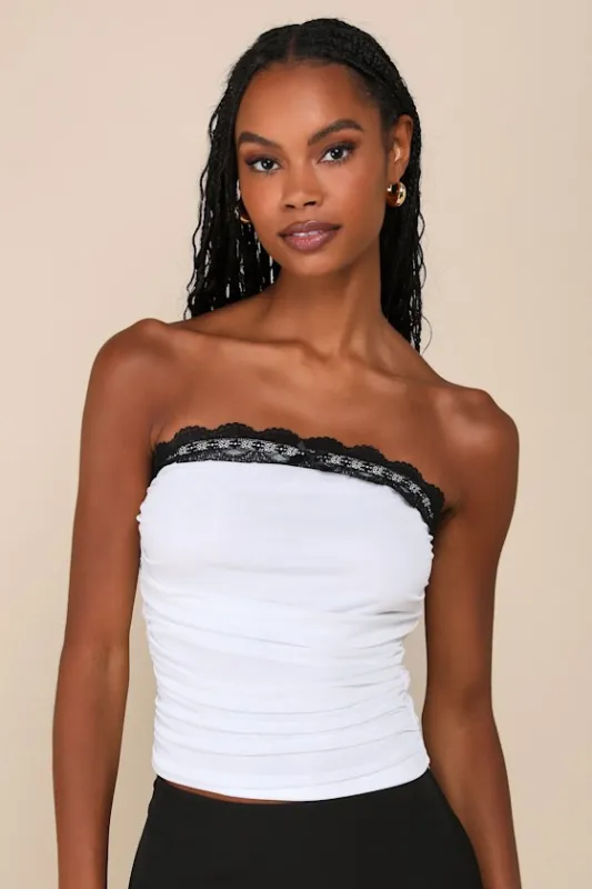 Flirty Excellence White Mesh Lace Ruched Strapless Top sold by Lulus