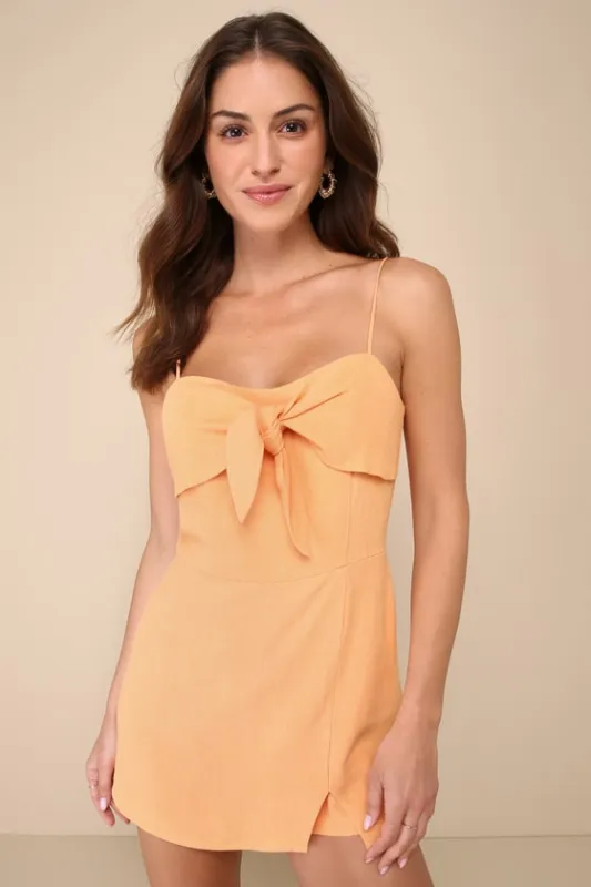 Sunny Favorite Orange Linen Sleeveless Tie-Front Romper sold by Lulus