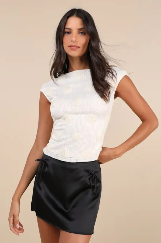 Nova Ivory Lace Textured Rosette Applique Cap Sleeve Top sold by Lulus