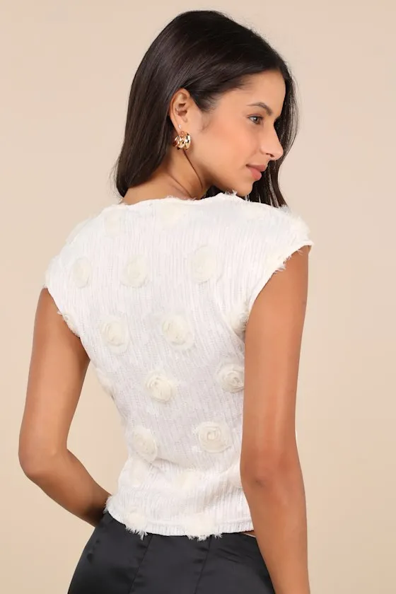 Nova Ivory Lace Textured Rosette Applique Cap Sleeve Top sold by Lulus product image thumbnail 2