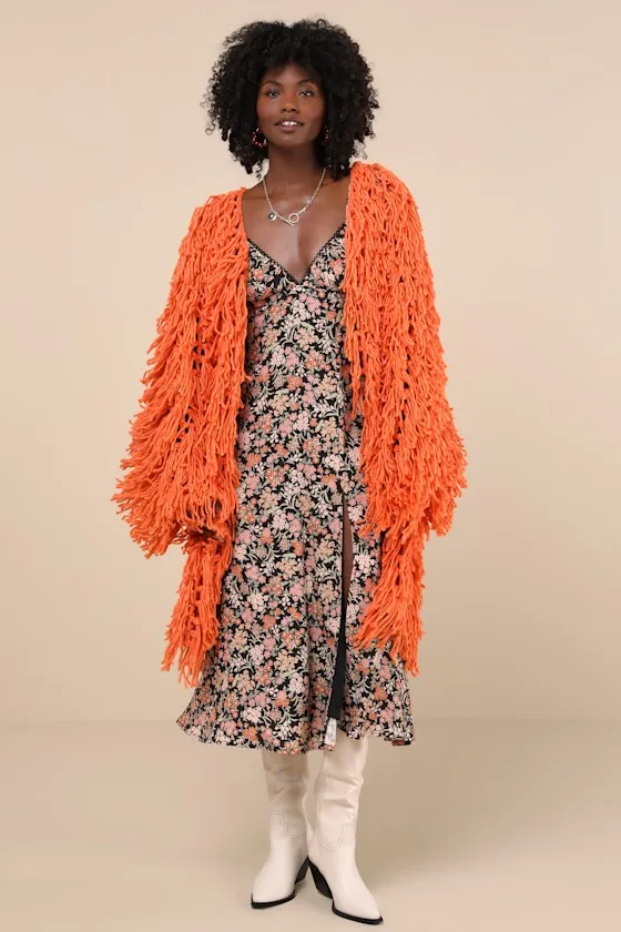 Exuberant Coziness Orange Yarn Fringe Longline Cardigan sold by Lulus