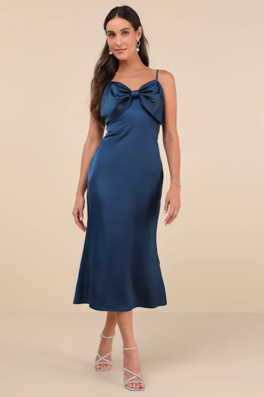 Extravagantly Sleek Navy Blue Satin Sleeveless Bow Midi Dress sold by Lulus