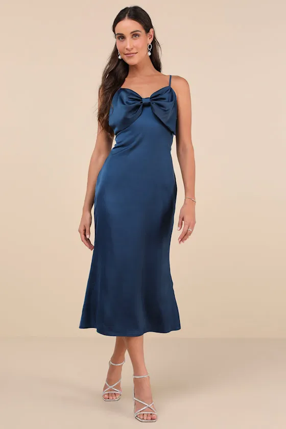 Extravagantly Sleek Navy Blue Satin Sleeveless Bow Midi Dress sold by Lulus