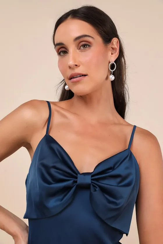 Extravagantly Sleek Navy Blue Satin Sleeveless Bow Midi Dress sold by Lulus product image thumbnail 2