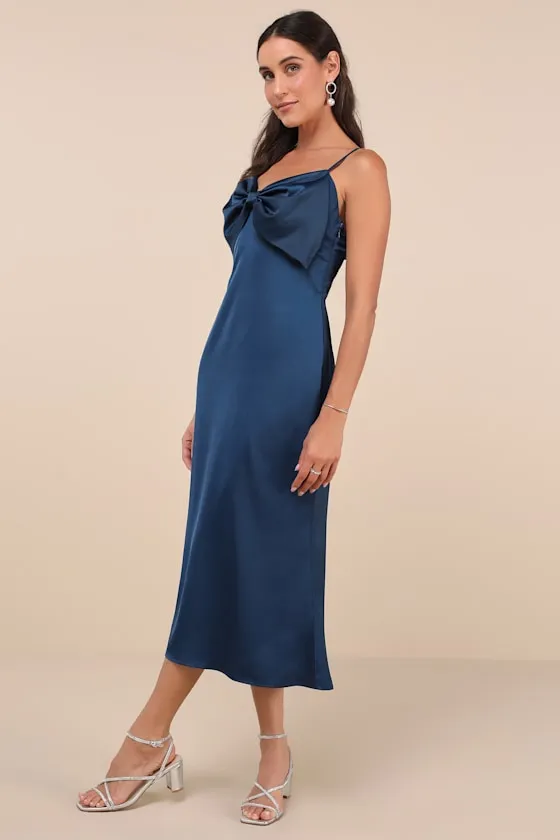 Extravagantly Sleek Navy Blue Satin Sleeveless Bow Midi Dress sold by Lulus product image thumbnail 3