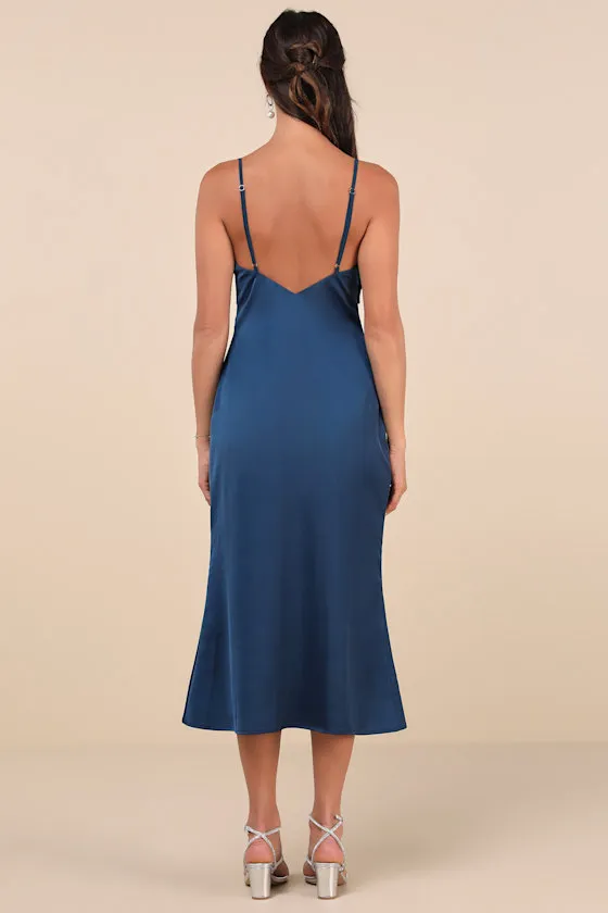 Extravagantly Sleek Navy Blue Satin Sleeveless Bow Midi Dress sold by Lulus product image thumbnail 4