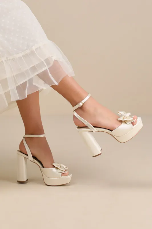 Pearlla Bow Champagne Satin Platform High Heel Sandals sold by Lulus