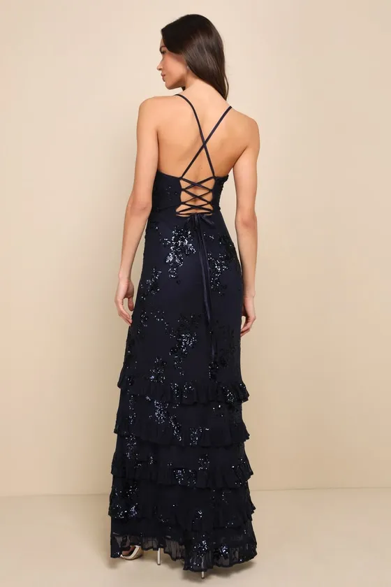 Valhalla Navy Blue Sequin Lace-Up Tiered Maxi Dress sold by Lulus product image thumbnail 2