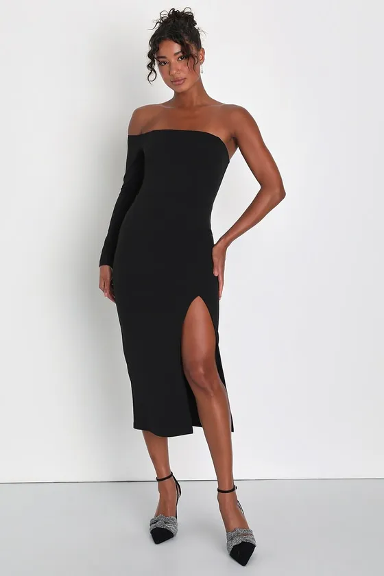 Modern Stunner Black One-Shoulder Bodycon Midi Dress sold by Lulus