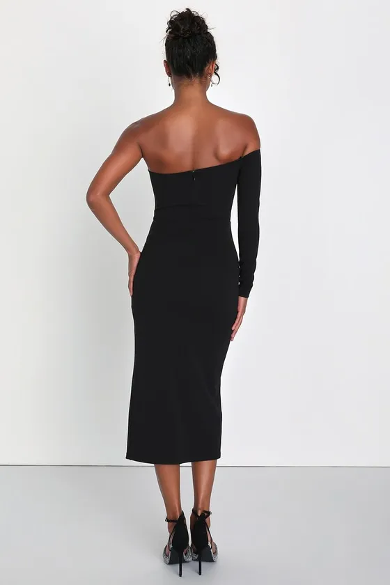 Modern Stunner Black One-Shoulder Bodycon Midi Dress sold by Lulus product image thumbnail 2