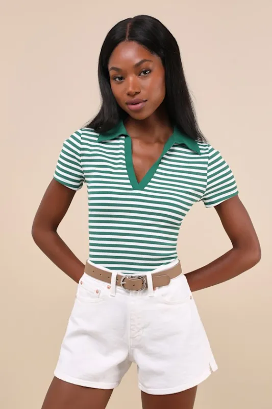 Sweet Cuteness White and Green Striped Ribbed Collared Top sold by Lulus