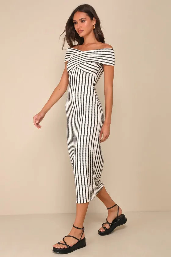 Iconic Always Black and White Striped Textured Midi Dress sold by Lulus product image thumbnail 4