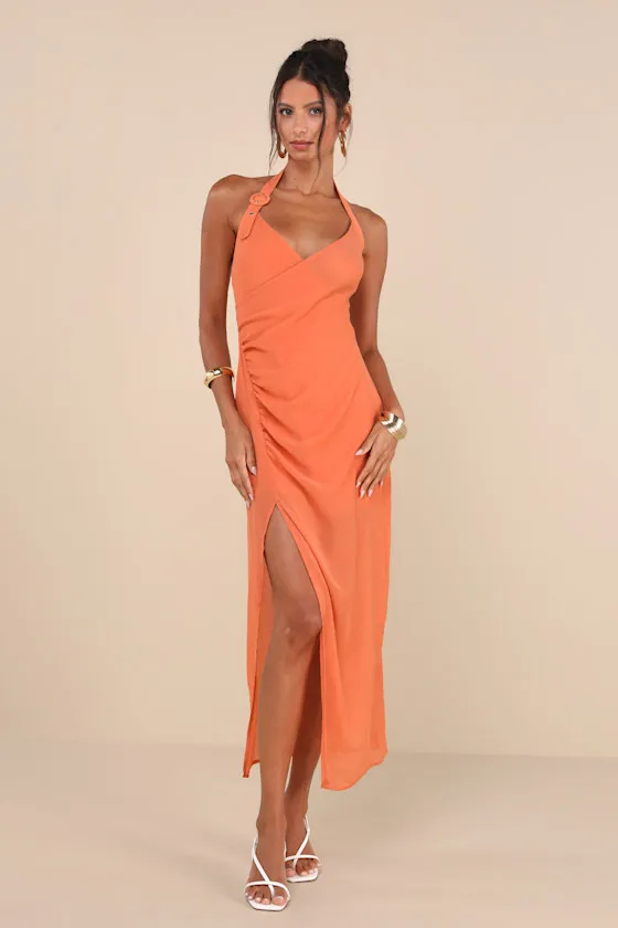 Trending Sunny Orange Ruched Halter Buckle Strap Midi Dress sold by Lulus