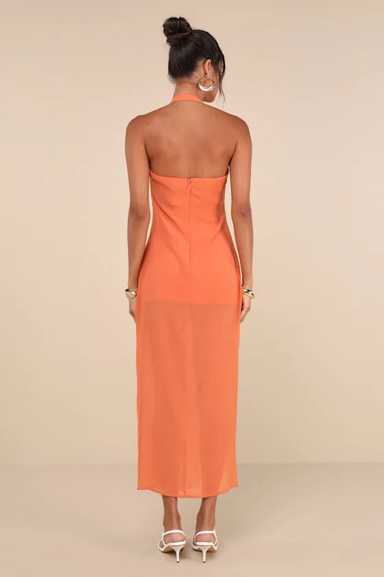 Trending Sunny Orange Ruched Halter Buckle Strap Midi Dress sold by Lulus product image thumbnail 2