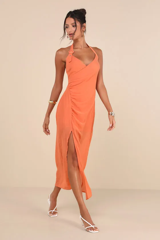 Trending Sunny Orange Ruched Halter Buckle Strap Midi Dress sold by Lulus product image thumbnail 4