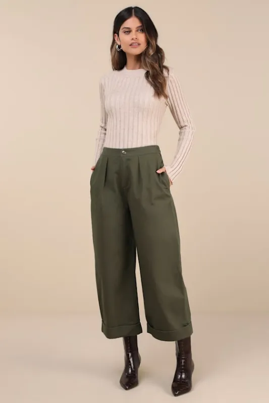 Easy Confidence Olive Green Cuffed Wide-Leg Pants sold by Lulus