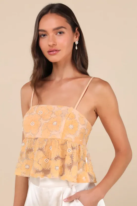 Ideal Attitude Yellow Applique Beaded Floral Cropped Tank Top sold by Lulus