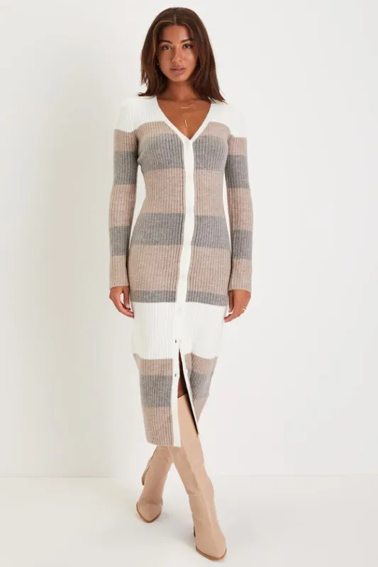 Comfy Darling Ivory Striped Button-Up Midi Sweater Dress sold by Lulus