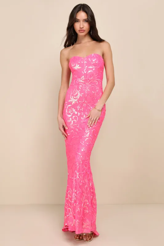 Glam Aura Hot Pink Iridescent Sequin Strapless Maxi Dress sold by Lulus