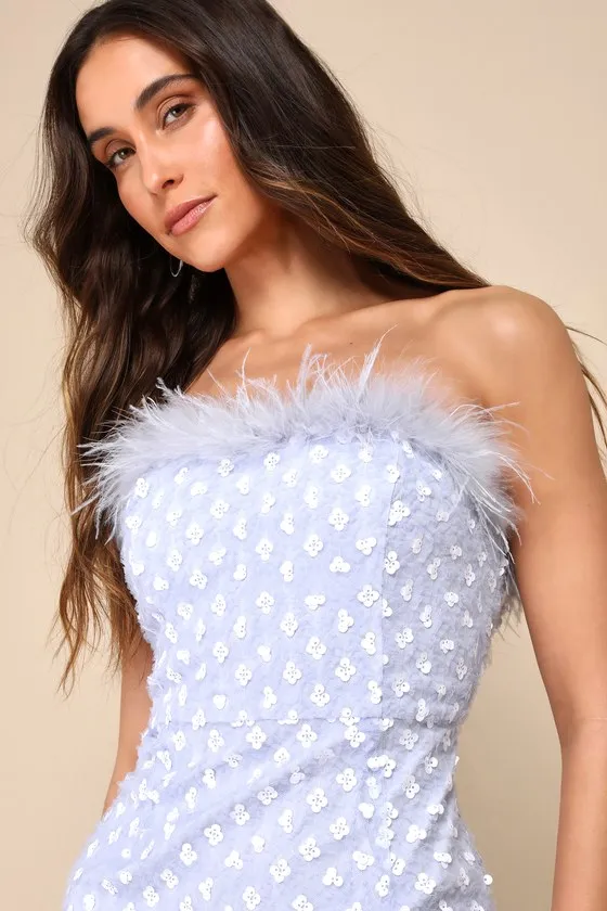 Sparkly Aura Light Blue Textured Sequin Feather Mini Dress sold by Lulus product image thumbnail 4