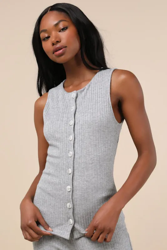 Raney Heather Grey Ribbed Knit Button-Up Tank Top sold by Lulus