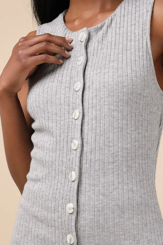 Raney Heather Grey Ribbed Knit Button-Up Tank Top sold by Lulus product image thumbnail 2