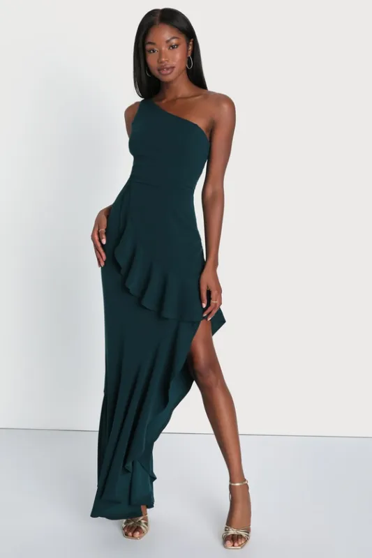 Dramatic Persona Emerald Green One-Shoulder Ruffled Maxi Dress sold by Lulus