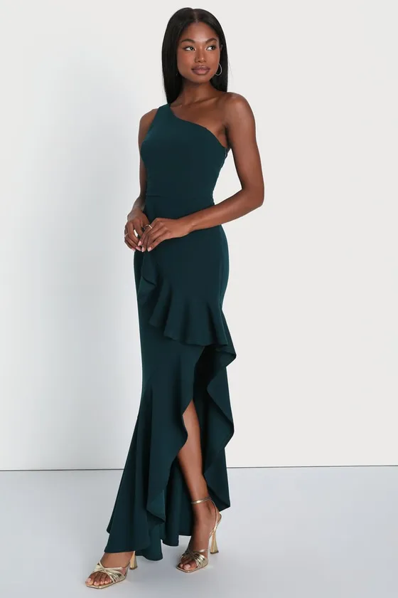 Dramatic Persona Emerald Green One-Shoulder Ruffled Maxi Dress sold by Lulus product image thumbnail 2