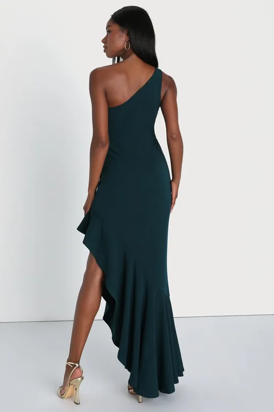 Dramatic Persona Emerald Green One-Shoulder Ruffled Maxi Dress sold by Lulus product image thumbnail 3