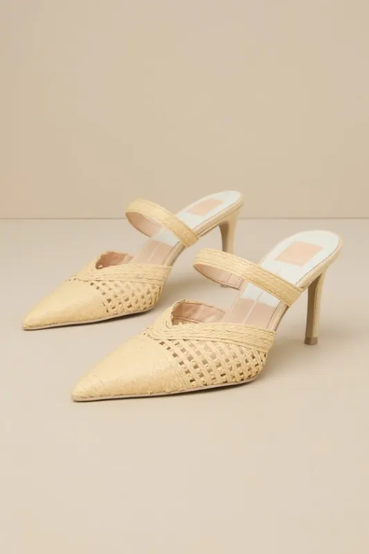 Kaline Light Natural Raffia Pointed-Toe Mule Pumps sold by Lulus