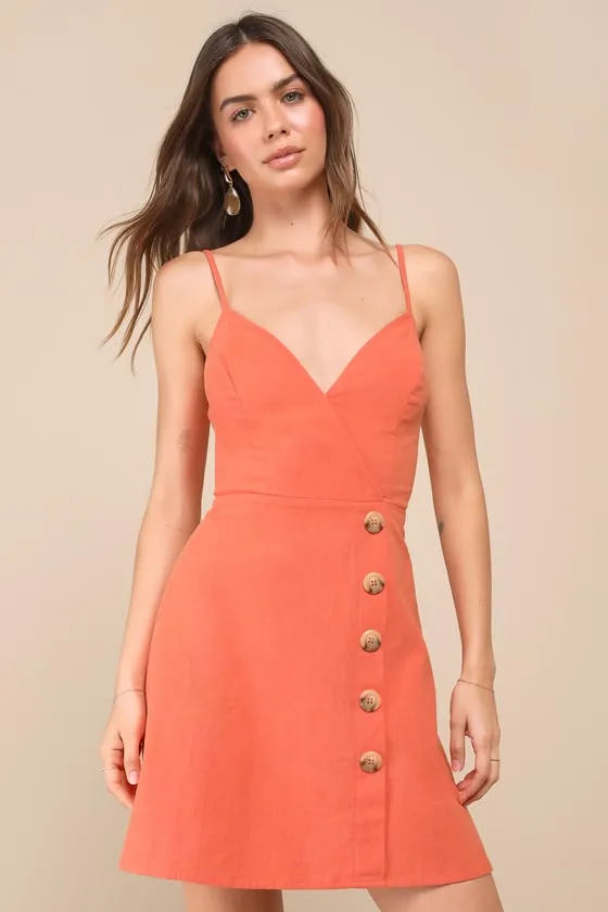 Sweet Breeze Orange Surplice Button-Front Mini Dress sold by Lulus